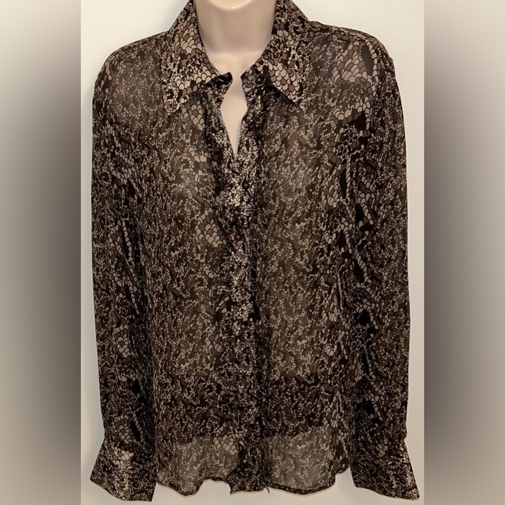 100% Silk Crepe Sheer Blouse | Black & Gray Abstract Print | Size 42